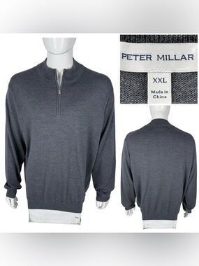 Peter Millar Autumn Crest Quarter Zip Merino Wool Sweater Mens 2XL Gray EUC